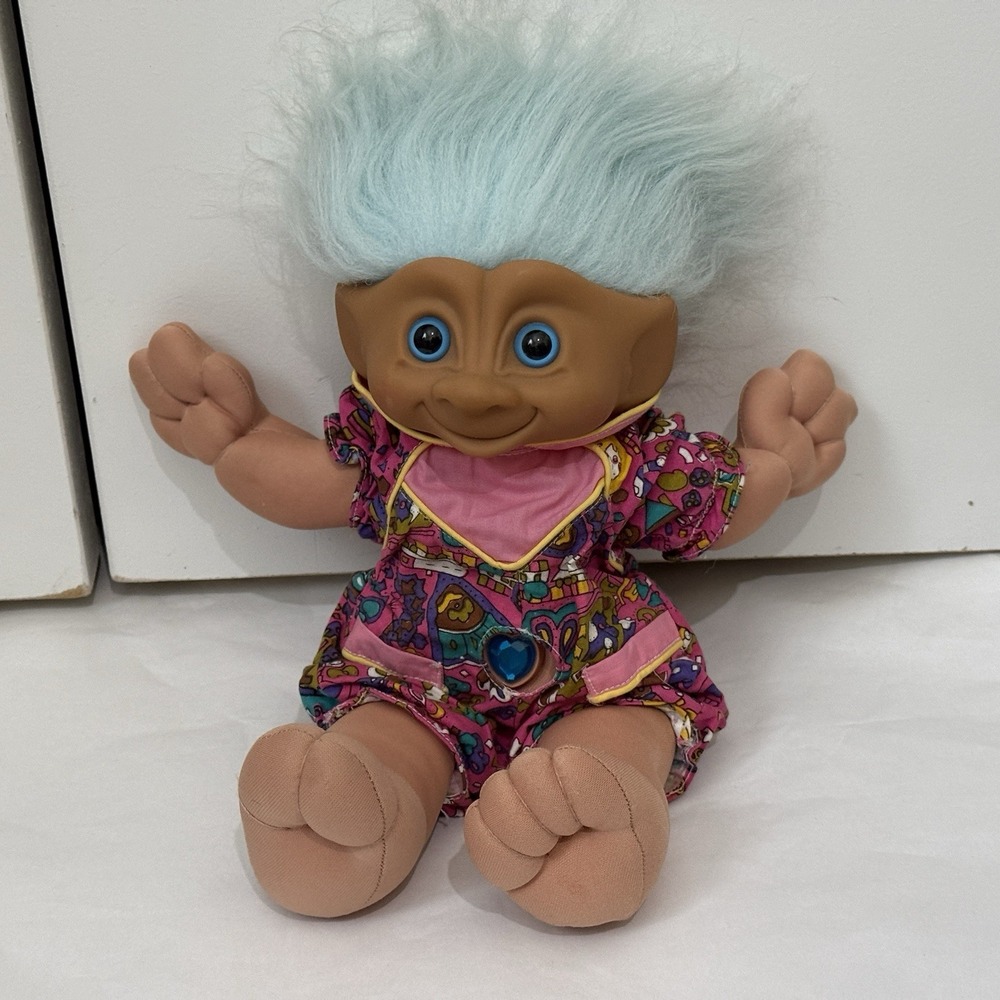 Vintage Treasure Troll Ace‎ Novelty Troll Doll 12" Blue Hair Soft Body Gemstone